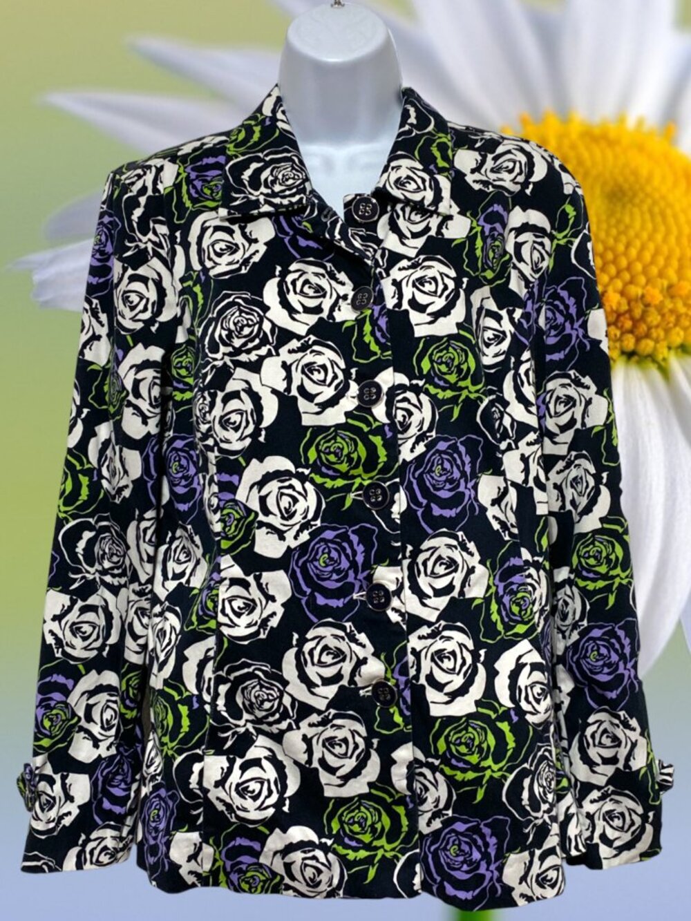 Christopher & Banks-Women's Large Stretch Button Jacket Pockets-Floral-Collared